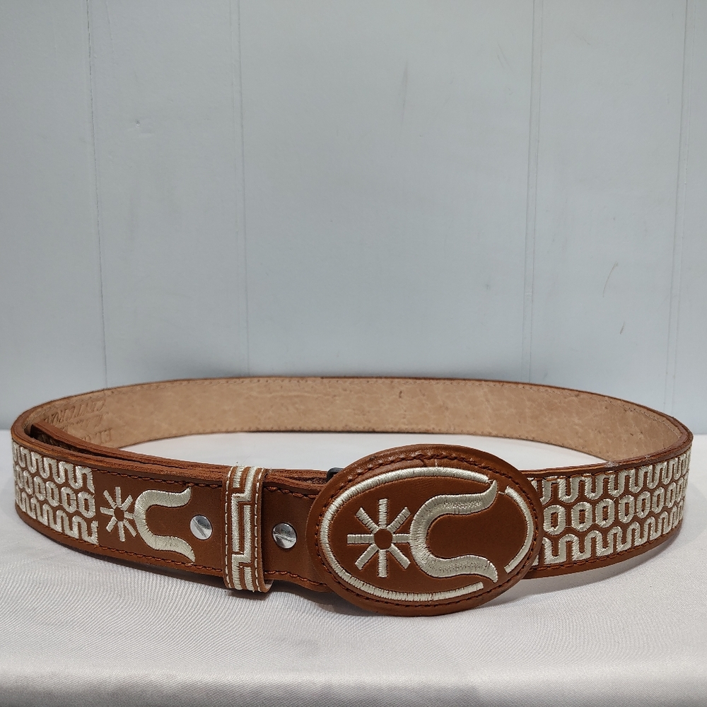 El Capitan Tan Leather Western Aztec Embroidered Belt‎ Size 40 Made in Mexico